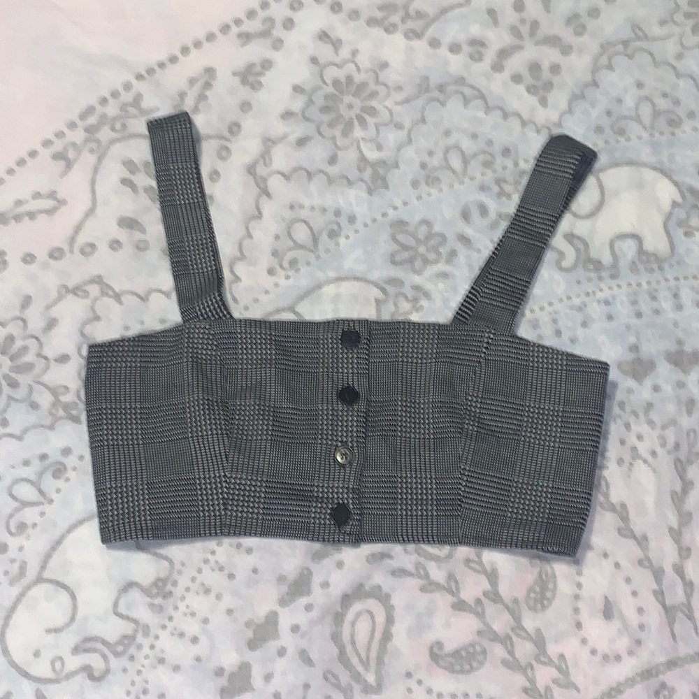 Reformation Rex Plaid Button Crop Top Sz 10 Gray Black